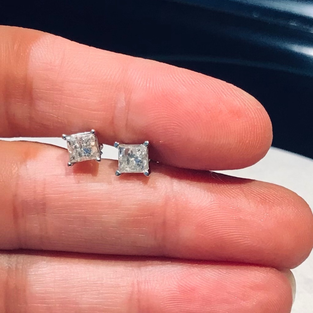 14K White Gold 2.0 CTW Princess Cut Diamond Stud Earrings - Picture 3 of 14